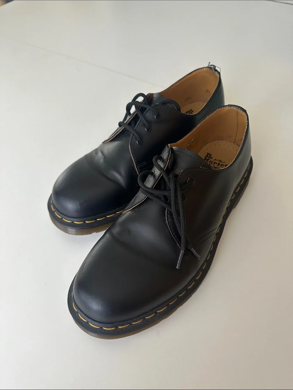 Dr. Martens Black Leather 3-Eye Derby with Yellow Stitching